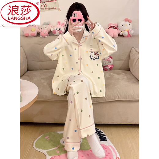 
LangSha pajamas for women in spring and autumn long sleeves cute and sweet 2025 new high-end home clothing summer suit for outdoor wear 6173 lapel polka dot cat XL