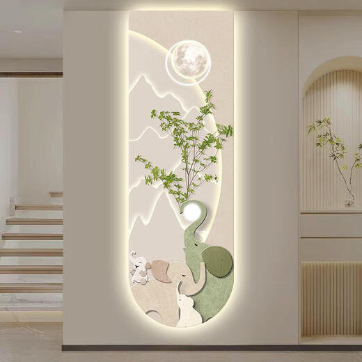 奥瀚定制一家四口大象玄关装饰画奶油风走廊过道挂画灯光高级感墙壁画 T12529 晶瓷防刮水晶面80*240建议1