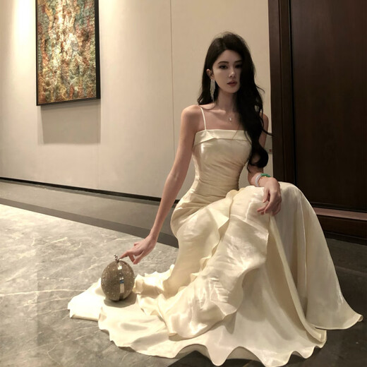 European M niche light luxury high-end suspender waist birthday dress for women coming of age fishtail banquet dress 6074 Champagne S