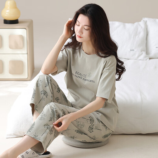 Pijama modal para mujeres en verano algodón puro pantalones de manga corta algodón delgada de verano para mujeres traje de ropa para mujeres primavera y otoño YZT9713 Pantalones de manga corta M 80-100Jin [Jin equivale a 0.5 kg]