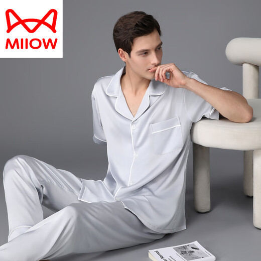 猫人（MiiOW）睡衣男夏季真丝薄款短袖长裤春秋家居服丝绸感欧美2025新款 松绿色 3899 L (体重100-130斤)