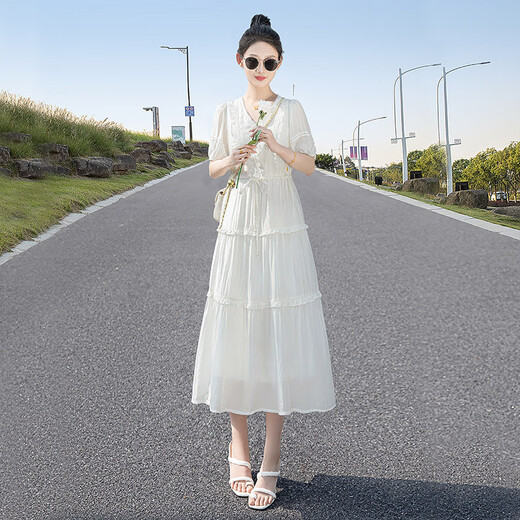 
Silk Cypress V-neck Dress 2025 Summer New Women's Gentle and Elegant Spliced ​​High Waist Drawstring Mid-Long Skirt