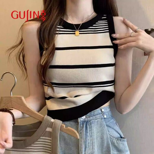Ancient and Modern (GUJIN) [Contrast Color Stripes] Knitted Small Slings for Women in Spring and Autumn Underwear Base Shirt Niche Sleeveless Short Top
