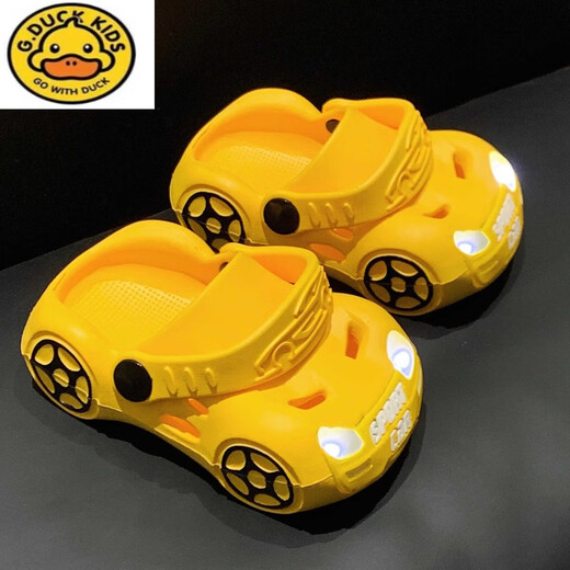 G.Duckkids Jungen tragen 2024 neue Lochschuhe an der Außenseite und tragen Sie Babyauto-Blitzlichter Kinder in den Innenausschüssen nicht rutschfestige Hausschuhe in Sommergelb 13 cm (innere Länge cm)