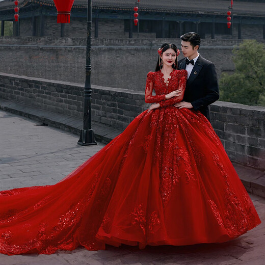 卡悠莱（KAYOULAI）红色婚纱新娘主纱新款小个子长袖领高级质感高定款重工拖尾 齐地(三件套) S 均码