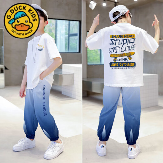 G·DUCK KIDS小黄鸭男童套装冰丝2025夏季新款儿童运动短袖大童帅气男孩长裤 9767黑色+5725渐变色(冰丝套装) 160 cm