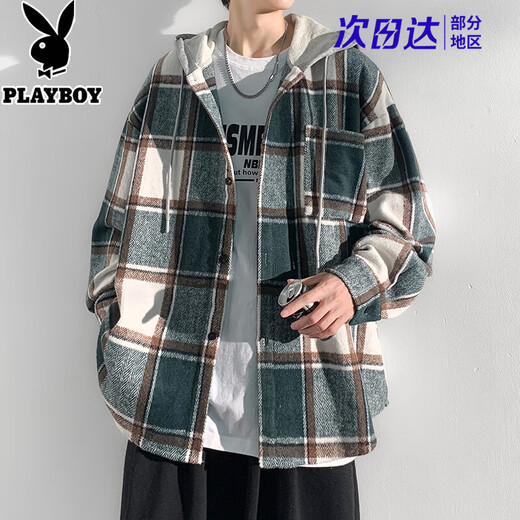 Playboy hooded men's shirt long-sleeved spring and autumn new thickened loose trendy casual plaid shirt jacket for men J25858 black plaid XL recommended 130-145Jin Jin equals 0.5 kg