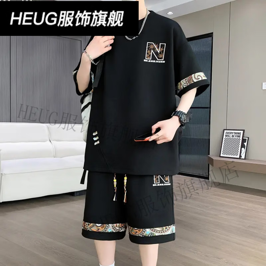 HEUG凌越男装店2025夏季大码休闲运动套装男士百搭两件套 黑色(YYW6195) L (110-130斤)