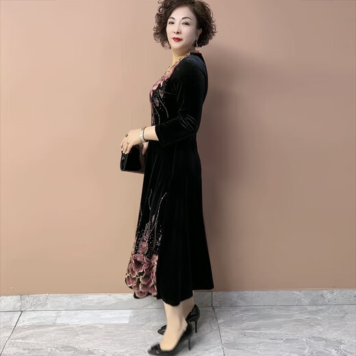 阔太太时尚气质减龄中年妈妈大码弹力刺绣丝绒旗袍长款连衣裙 9905#黑粉丝绒裙 均码 2xl115-130斤