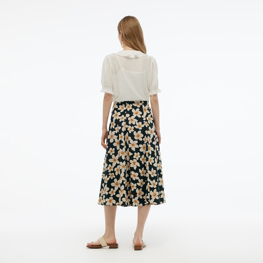 Gloria Skirt Wearing 2025 New High Waist Printed Skirt A-Line Skirt 1E5R2B140 1DD Black Gold Hand-painted Orange Flower M