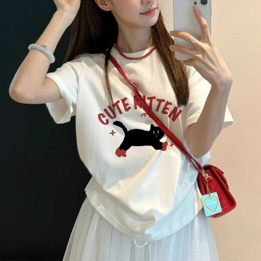 
Lugeli Hong Kong style retro loose short-sleeved T-shirt for women in spring and summer new fashion brand pure cotton slim casual and versatile half-sleeved top Black cat T-shirt L [recommended 100 Jin [Jin equals 0.5 kg]-120 Jin [Jin equals 0.5 kg]]