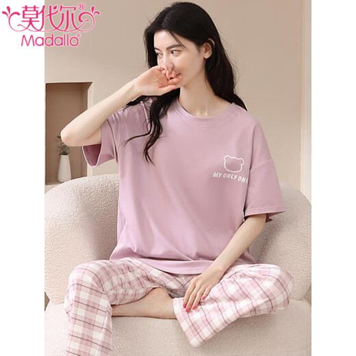 Pajama modal para mujeres Pure Cotton Spring and Summer 2025 Nuevos pantalones largos de manga corta con almohadillas para el cofre para ropa para el hogar de mujeres se pueden usar fuera del traje R679 sin almohadillas L Estilo de mujeres [100-120Jin [Jin equivale a 0.5 kg]]