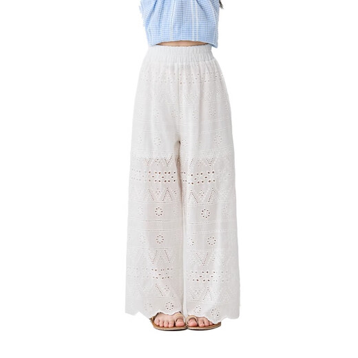 moonkids girls' pants summer thin children's hollow lace wide-leg pants girls white summer 2025 casual straight pants two-piece set [15090 wide-leg pants + 9889 short sleeves] 130 cm