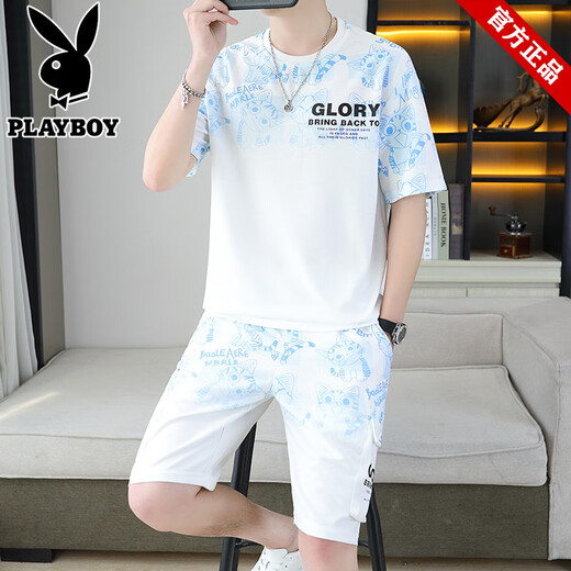 花花公子品牌男装2025夏季新款短袖T恤短裤套装百搭休闲运动两件套渐变 6187蓝色 L