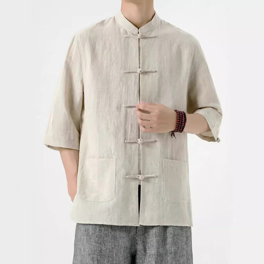 
Yu Zhaolin summer Chinese style linen short-sleeved Tang suit men's retro five-point sleeve Hanfu cotton linen lay Buddhist suit large size half-sleeved tea suit khaki thin style YM001 2XL [150-165Jin[Jin equals 0.5 kg]]