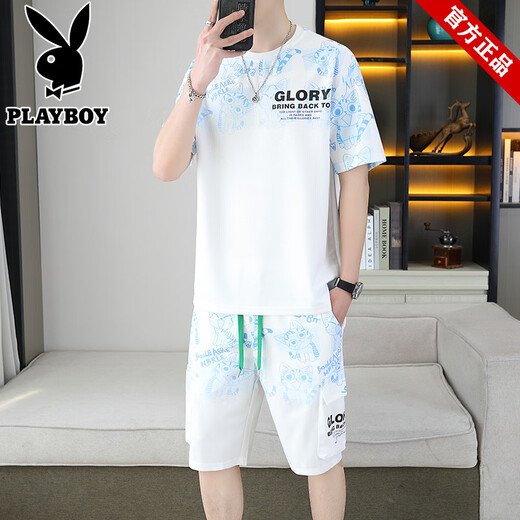 
Playboy brand men's clothing 2025 summer new short-sleeved T-shirt shorts suit versatile casual sports two-piece set gradient 6187 blue L