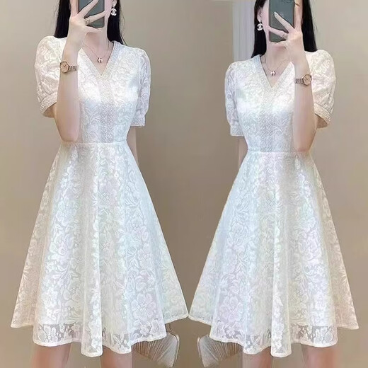 绿夕（REAXUR）温柔风连衣裙子夏天女装2025夏季新款气质衣服蕾丝收腰显瘦高级感 杏色 L （建议108斤-118斤）