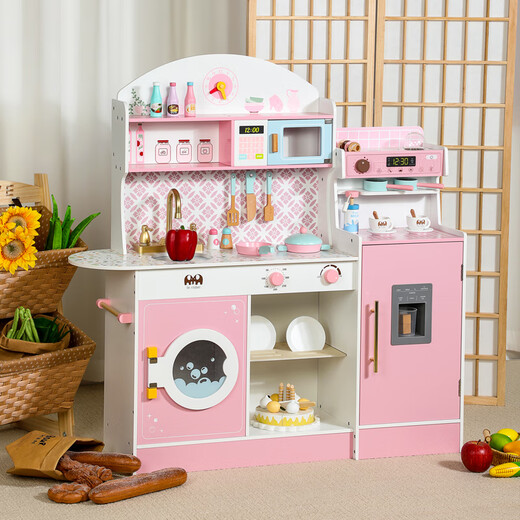 承琉儿童木质厨房玩具咖啡机仿真过家家粉色做饭厨具灶台女孩生日礼物 淡粉咖啡小灶台 下单送水果切