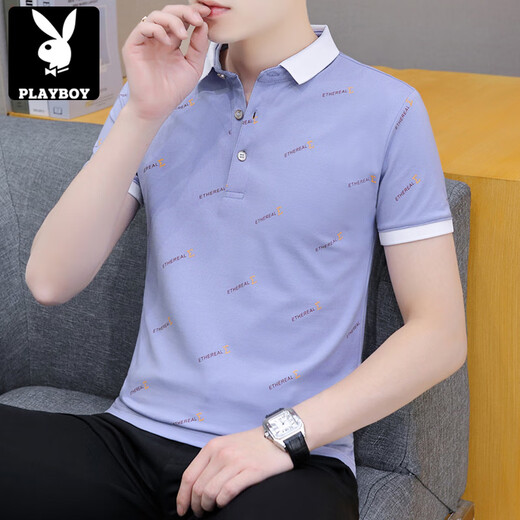 花花公子（PLAYBOY）冰丝棉短袖t恤男衬衫上衣男装翻领POLO衫半截袖青年2025年夏新款 浅蓝色679 XL 125-140斤