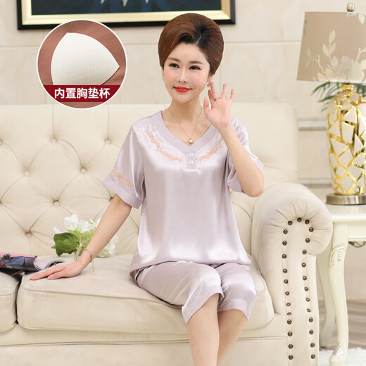 Pijamas modales de verano para madres de mediana edad con protectores para los senos, conjunto de ropa para el hogar de seda de hielo de manga corta fina de seda simulada de verano para mujeres para personas de mediana edad y mayores AYM684 Silver M sin protectores para los senos