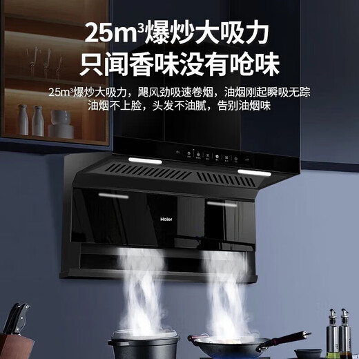 Haier range hood 25 cubic large suction household three-sucking 7-word wave intelligent control self-cleaning EC719UD range hood gas stove smoke stove set [two-piece set] firepower liquefied gas stove Q2BE53+EC719