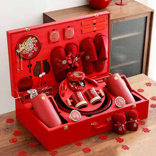 
Yunya dowry items for women, complete set of high-end wedding supplies Jubao Xiban wedding dowry set Dowry set Wooden cup 28 pieces set mother box