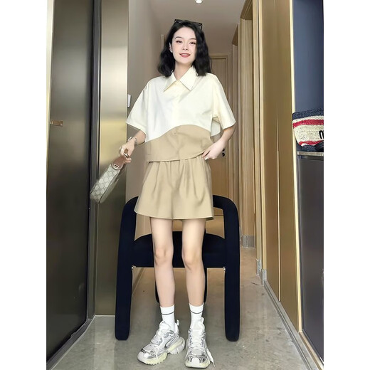 MUYIMING (MUYIMING) Spleiß kontrastierende Farbe kurzärmeligte Polo-Hemdanzug für Frauen Sommer Neue Modedesign Nischenshorts zweiteiler Set 9761 Schwarzer zweiteiliger Set M [Empfohlen 100 Jin [Jin gleich 0,5 kg] unten]