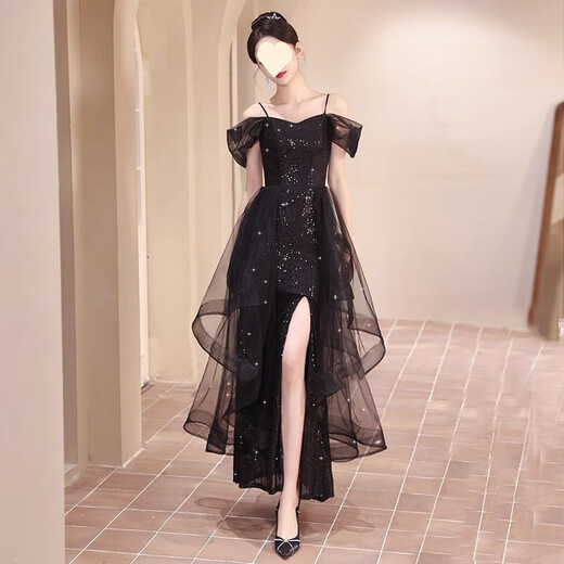 冠贸裴5黑色晚礼服女新款感宴会连衣裙 黑色【3888】 S