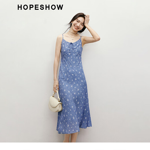 红袖碎花连衣裙2025夏季新款女装仿牛仔收腰圆领吊带夏日绝美小裙子 牛仔蓝花677 L