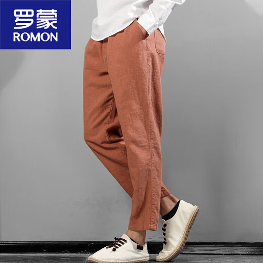 罗蒙（ROMON）复古棉麻裤子男夏季薄款高端苎麻九分裤亚麻透气抽绳松紧腰休闲裤 咖啡色 M