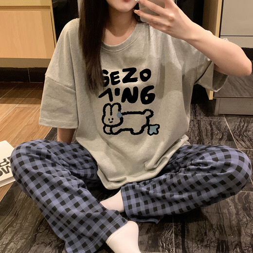 红豆睡衣女2025新款夏季短袖长裤纯棉初中学生女孩大童可爱家居服 6625-桃心小熊--短袖长裤-HZM M 女(高152-158，体重70-95斤)