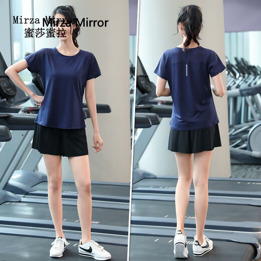 Mirza Mirror胖mm夏季薄款大码200斤宽松健身房女速干瑜伽服运动跑步短裤套装 玫粉上衣+灰色短裤 L