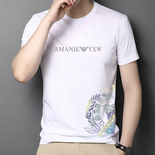 阿玛尼夏季冰丝棉短袖T恤男200斤大码半袖男士简约体恤 AM759黑色 M 90-120斤