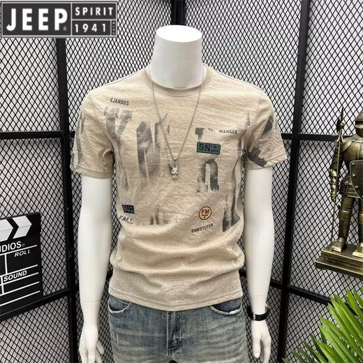 JEEP SPIRIT麻料棉t恤男2025新款印花短袖T恤棉麻衣服男士高端麻布半袖上衣 829灰色 L