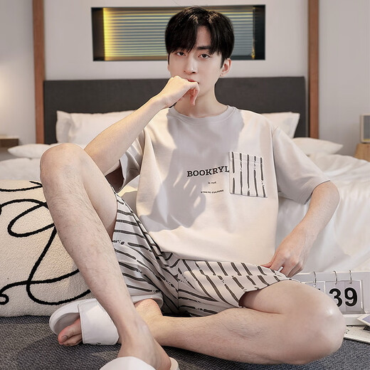 Modal solid color cotton pajamas men's summer short-sleeved teenagers thin cotton summer large-size home clothes pajamas set D1990 (A679) M (recommended 80-115Jin [Jin equals 0.5 kg])