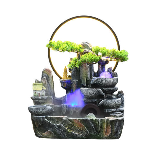 Yunmao Rockery fließendes Wasserverzirk zirkulierende Wasser Drehkugel Wohnzimmer Lucky Fengshui Rad High Mountain Water View Luftbefeuchter Eröffnung Geschenk 9930 großer Lichtkreis Zerstäubungsmodell