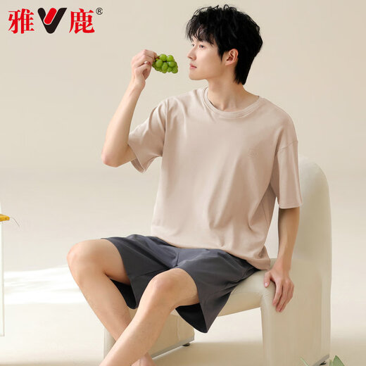 雅鹿男士睡衣男纯棉夏季薄款短袖全棉可外穿休闲大码男生家居服套装 42M13603 XL 【推荐体重120-140斤】