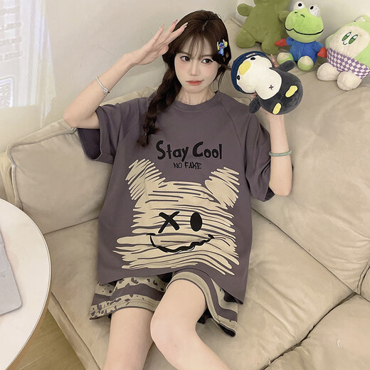 俊俊穗迪美睡衣女夏季纯棉短袖薄款可爱卡通加肥加大码200斤女士家居服套装 短-WB1343条纹芝麻 3XL 加大码（170-190斤）