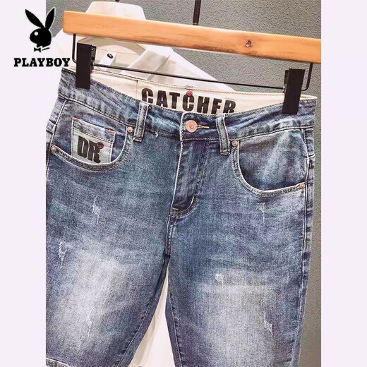 Playboy (Playboy) Denim d'été Mid-pantalon imprimé marque à la mode rétro nostalgique lavage coréen version lâche pantalon de cinq points stretch short masses bleu haute qualité # 9902 36 165-180jin [Jin est égal à 0,5 kg]