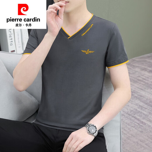Pierre Cardin Thin Audre Cotton Short Sleeve T-Shirt für Herren Sommer V-Ausschnitt Hühnchen Herz halb Ärmel Komfort Top reines Baumwollbasis Bohnengrün-Q693. Modell 3xl (190) Gewicht 150-170