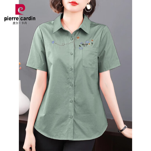 皮尔卡丹（pierre cardin）纯棉妈妈上衣中长款翻领短袖衬衫女夏季休闲大码女士刺绣印花衬衫 蓝色-9857 2XL (适合135-145斤)