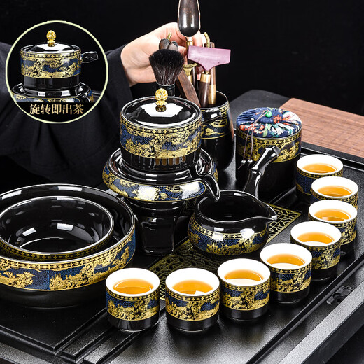 Songyun Qing Lazy Tea Set 2025 New Household Tea Drinking Artifact Ceramic Kung Fu Teacup Stone-Ground Teapot Semi-automatic Qingming Riverside Scene Automatic (6 cups) 8 heads 10 pieces