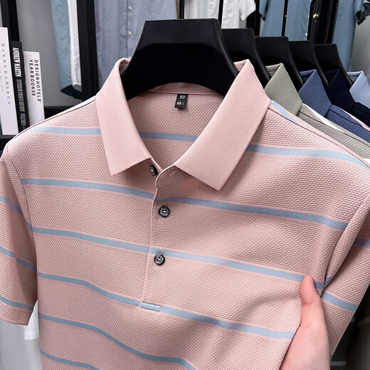 Kangaroo (DaiShu) short-sleeved T-shirt for men 2025 summer trendy striped lapel half-sleeved business casual loose large-size top middle-aged AN15100 light sky blue L