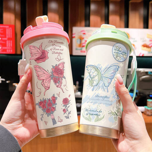 Yonghuan Butterfly Copa Termal de acero inoxidable Gran capacidad Paja Copa de agua portátil Girls 2025 Café de alta precisión BXAD6194 Cubierta de cerámica de 520 ml de 520 ml
