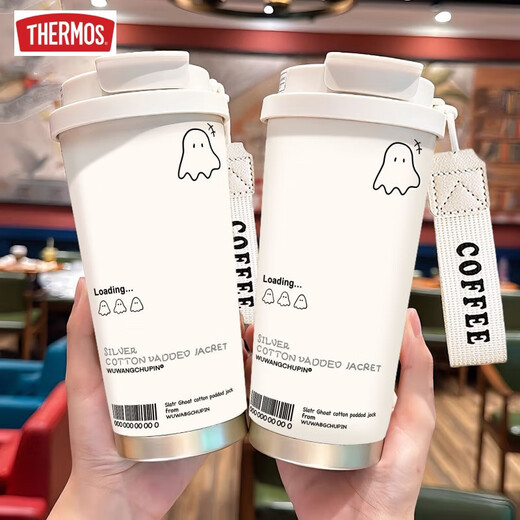 Thermos süße Ghost Thermos Cup High-Precision Student Edelstahl tragbare neue Doppelkaffee-Kaffee und Frauen Strohwasserbecher BXAB13792 Ghost Black + mit Lanyard Ceramic Innenboden
