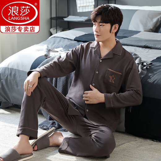 浪莎（langsha）品牌高端棉睡衣男士长袖套装春秋季开衫加大码可外穿薄款家居服 3524 MZ L 【120-140斤】