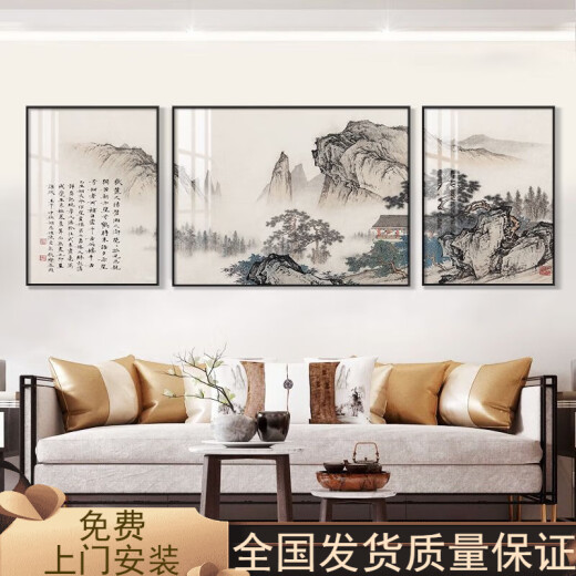 Neues chinesisches Sofa Hintergrund Wanddekoration Malerei Atmosphärische Triptychalporzellanmalerei Mural Chinesische Malerei Landschaftsmalerei Wohnzimmer Hängende Malerei