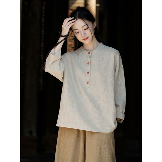 Qindu Zen Anzug Buddhistische Frauenanzug Buddhist Zen Anzug Chinesischer Stil Buttoned Top Anbetung Buddha Klamotempel Laien Zen (langer Anzug) warmes gelbes Leinen Top 826 L