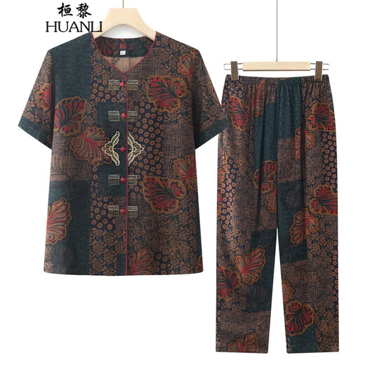 Huanli middle-aged and elderly summer suit grandma cotton silk short-sleeved shirt old lady loose mother cotton silk two-piece set 686# blue suit 3XL recommended 115-130Jin Jin equals 0.5 kg