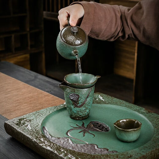 XMSJ窑变粗陶功夫茶具套装家用陶瓷排水茶盘办公室干泡盘茶台茶 12023茶盘+直把壶茶具套装+六君